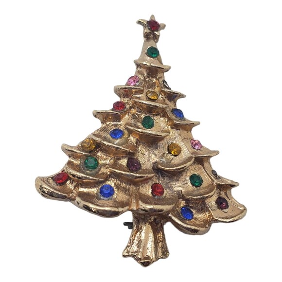 Vintage Goldtone Christmas Tree Enamel Brooch Pin - Picture 2 of 4